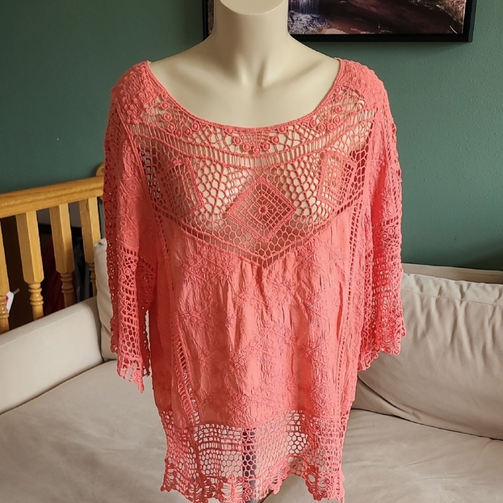 Democracy Coral Crochet Lace Top Swim Cover